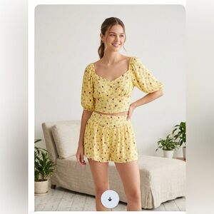 NOBO Yellow Floral Puff-Sleeve Crop Top and a matching skort